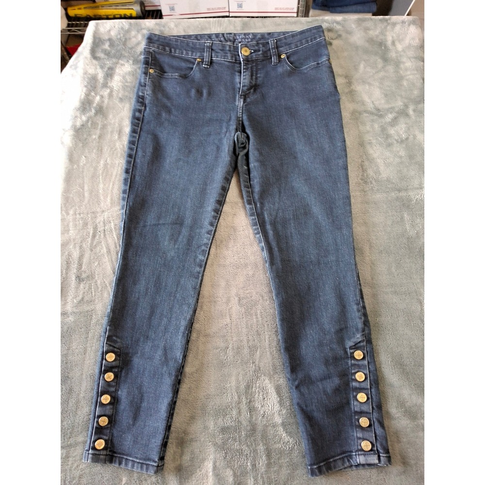 The Limited Skinny Ankle 312 Jeans Dark Wash Gold Crest Button Hem Womens Size 6